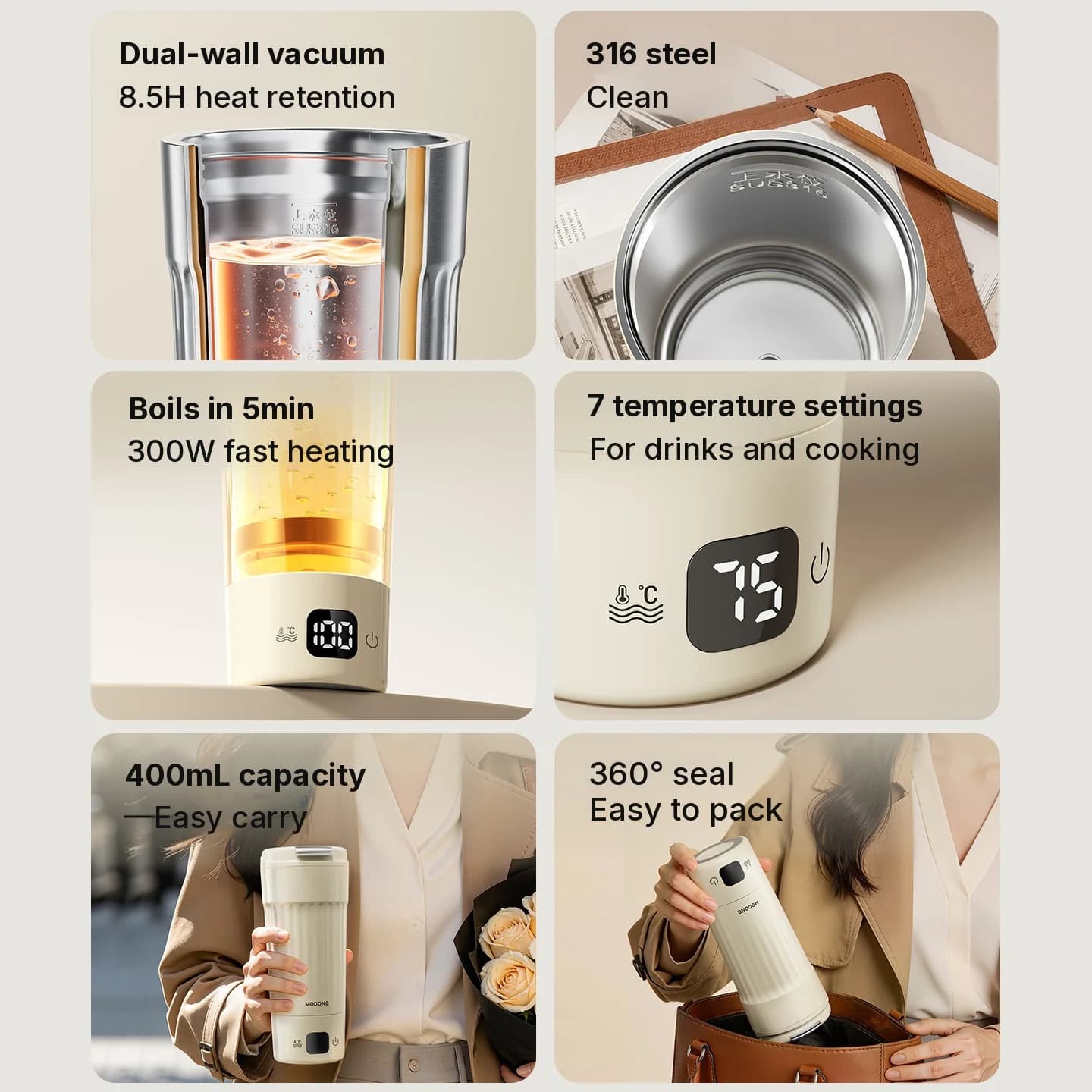 Pārnēsājama elektriskā sildkrūze, 400mL, 7 temperatūras iestatījumi