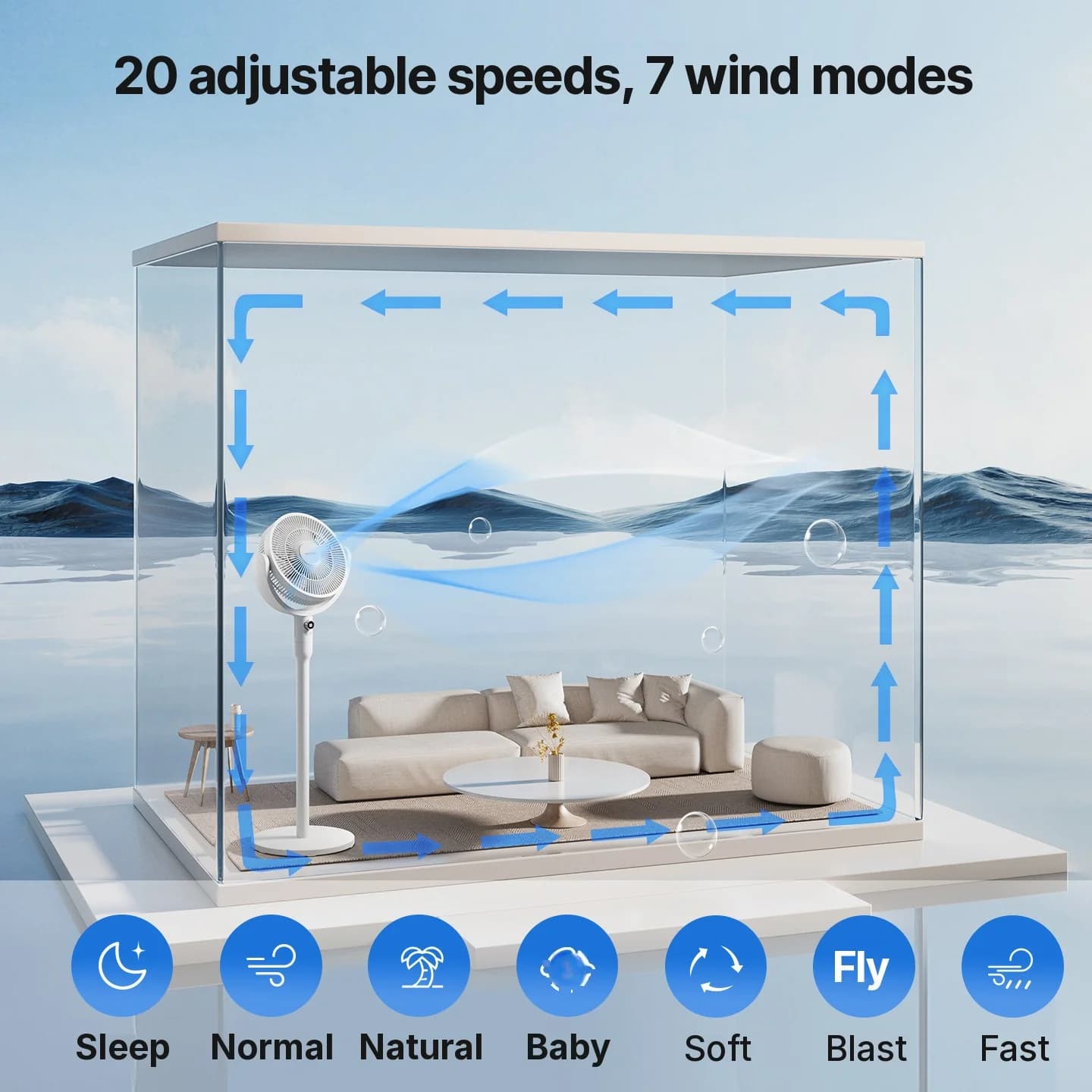 Vieda galda cirkulācijas ventilators ar balss vadību un svārstībām