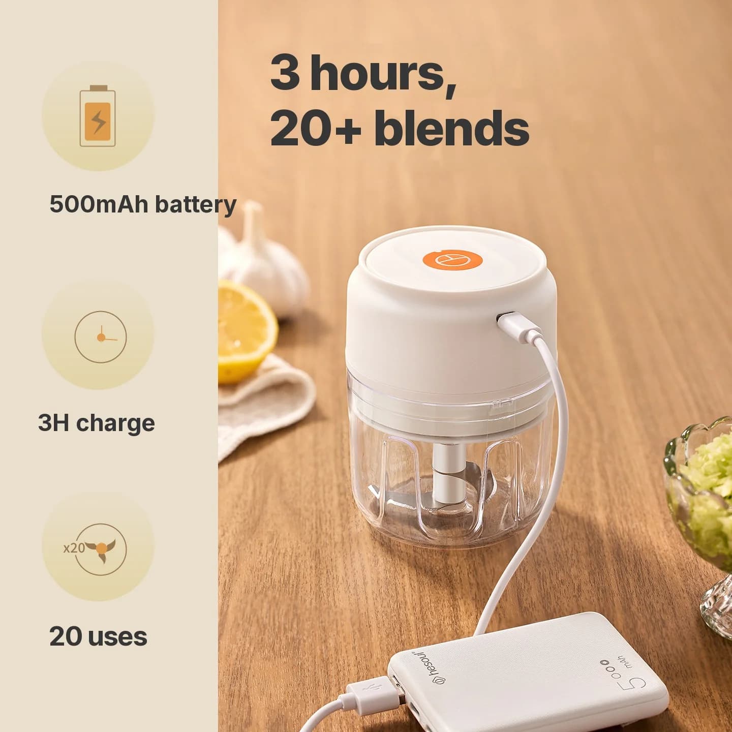 Bezvadu elektriskā ķiploku smalcinātāja krūze 250mL 5V 30W plastmasa