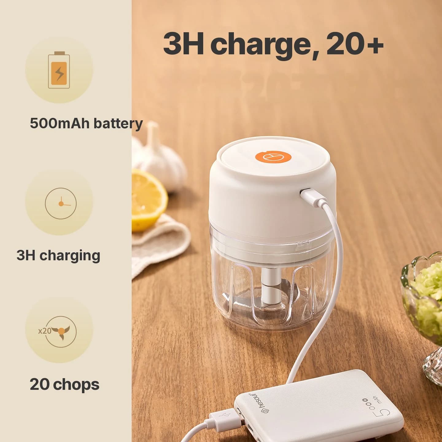 Bezvadu elektriskais ķiploku smalcinātājs 250 mL 5 V 30 W plastmasa